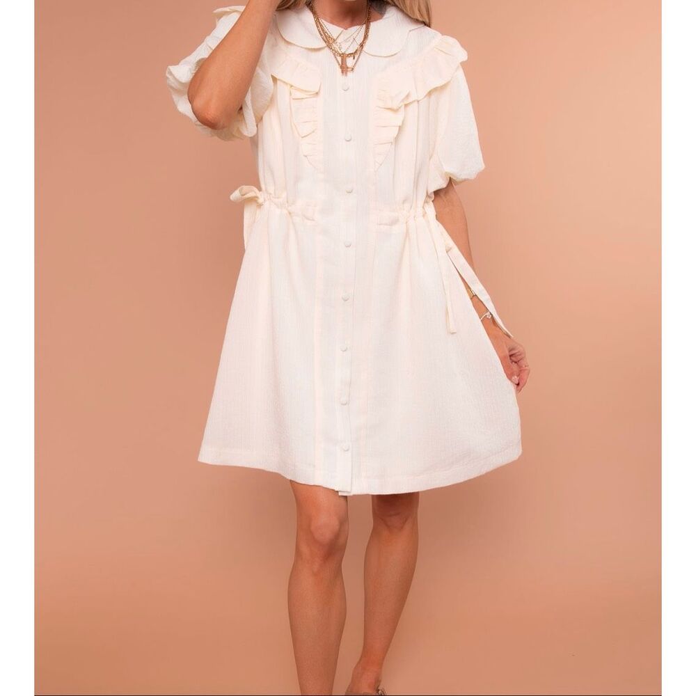 Listicle Women’s Cream Stripe Ruffle Puff Sleeve Dress Sz Lg NEW - Picture 2 of 11